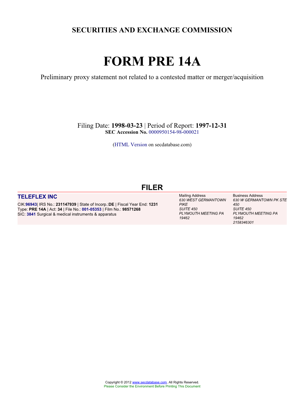 TELEFLEX INC (Form: PRE 14A, Filing Date: 03/23/1998)