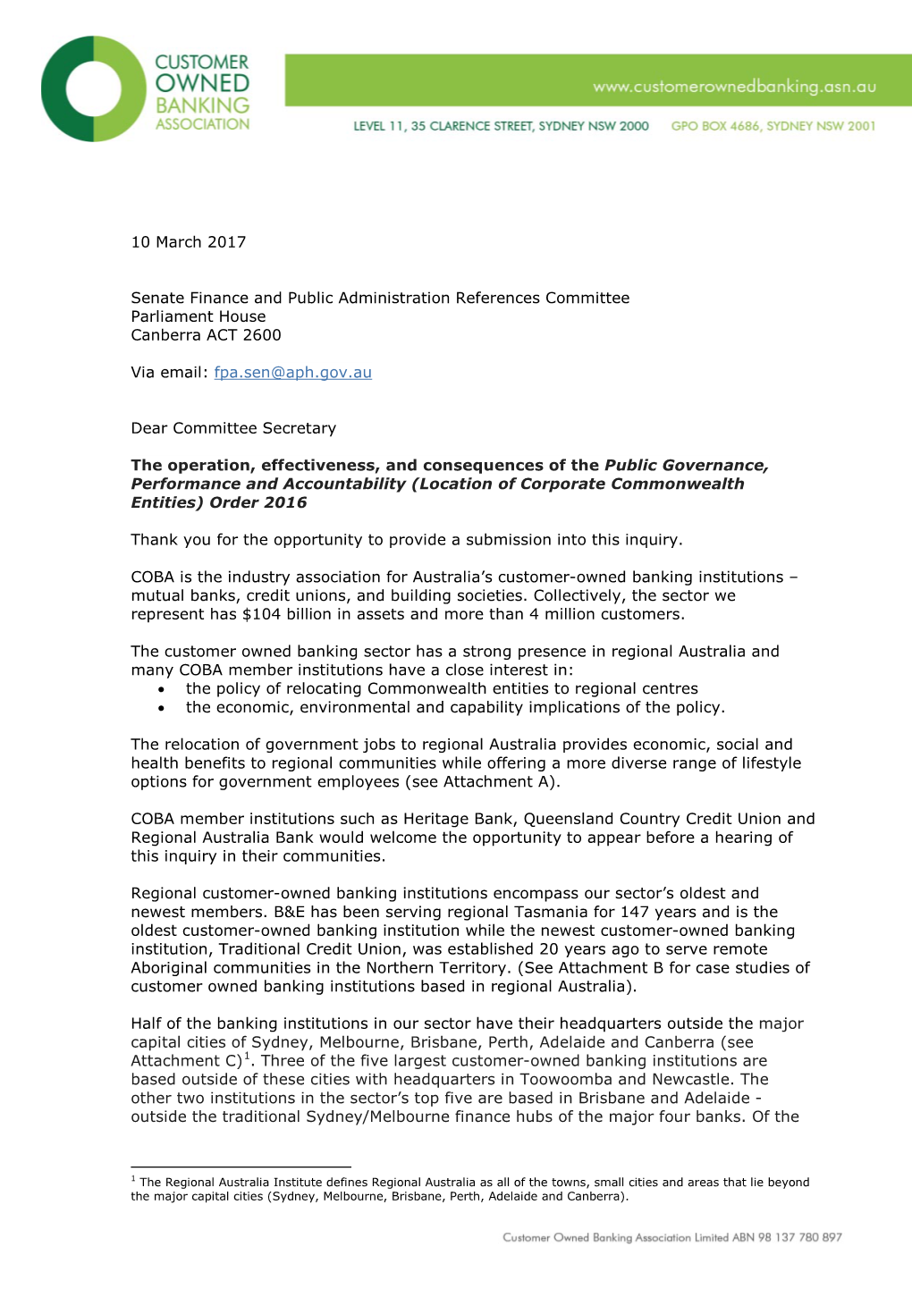 The Operation, Effectiveness, and Consequences of the Public Governance, Performance and Accountability (Location of Corporate Commonwealth Entities) Order 2016