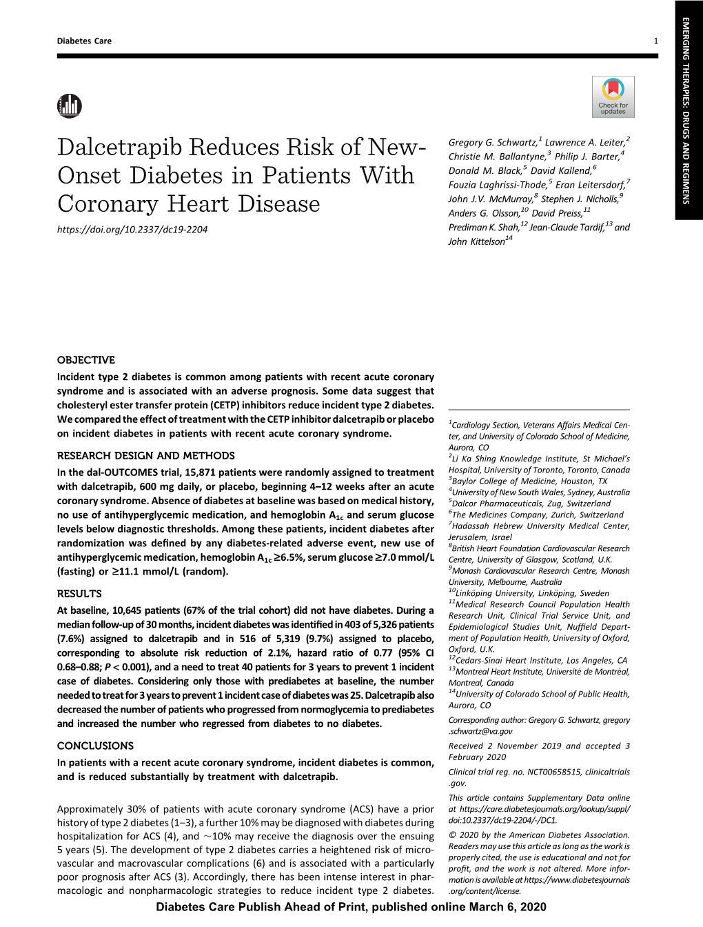 Dalcetrapib Reduces Risk of New-Onset Diabetes in Patients with Coronary Heart Disease