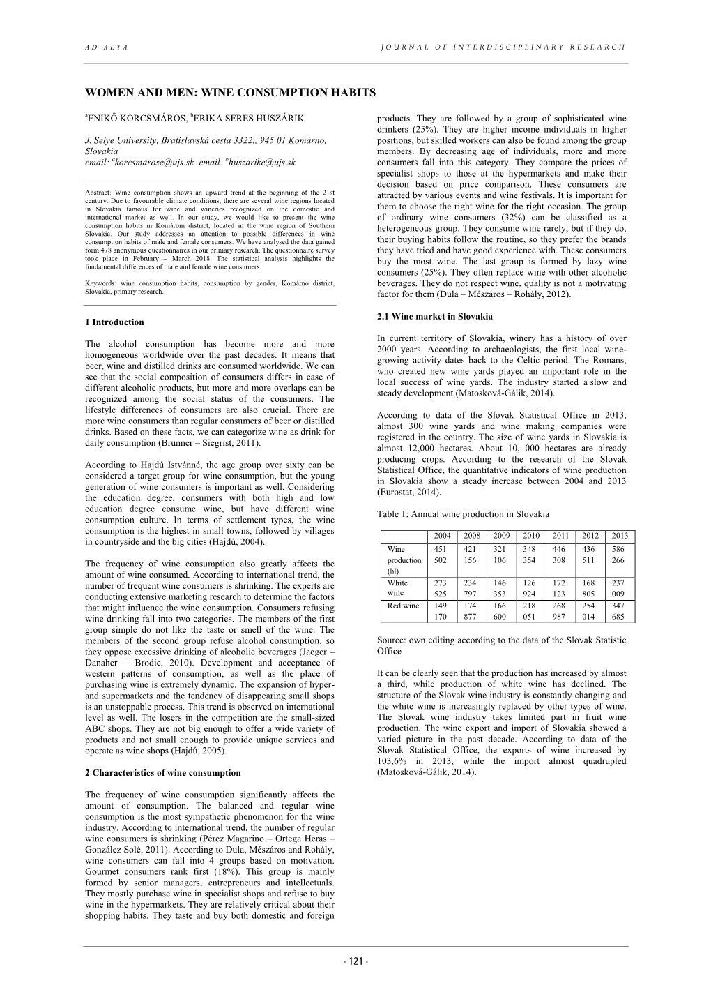 WINE CONSUMPTION HABITS Aenikő KORCSMÁROS, Berika SERES HUSZÁRIK Products