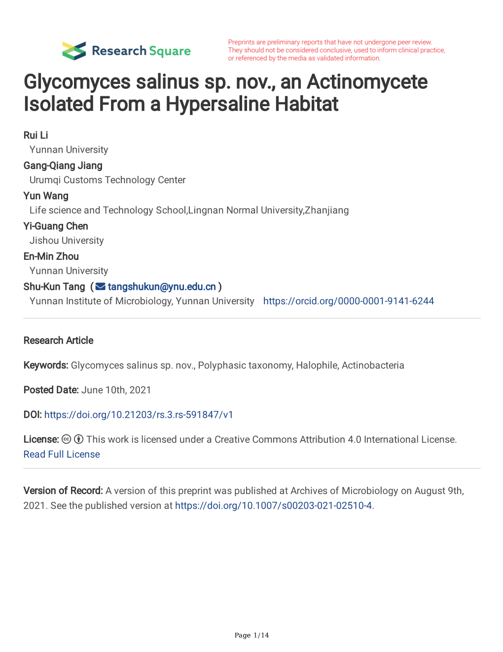 Glycomyces Salinus Sp. Nov., an Actinomycete Isolated from a Hypersaline Habitat