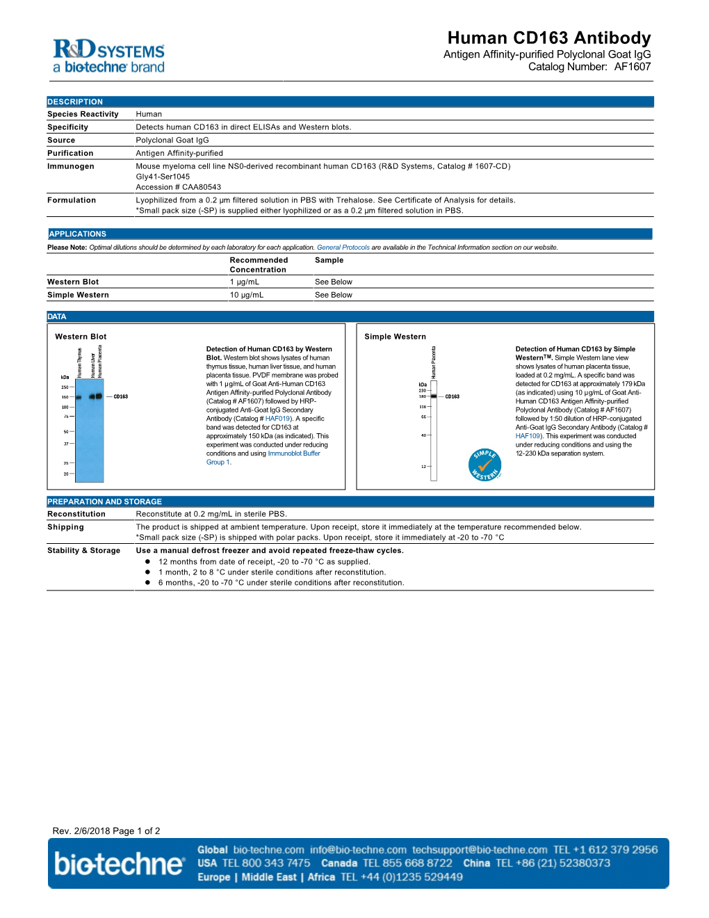 Human CD163 Antibody Antigen Affinity-Purified Polyclonal Goat Igg Catalog Number: AF1607