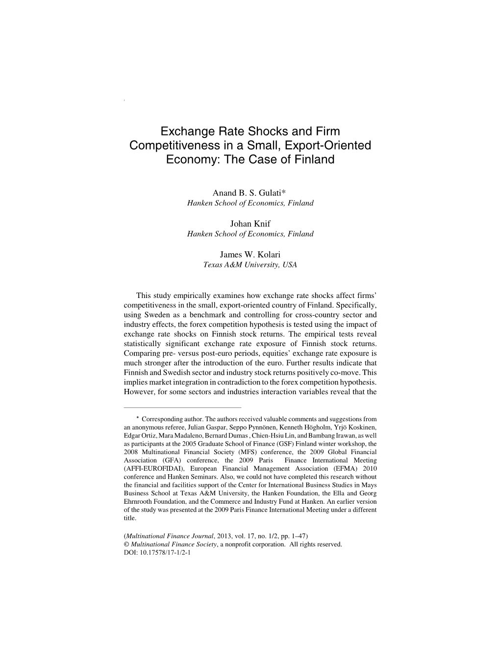 Exchange Rate Shocks and Firm Competitiveness in a Small, Export-Oriented Economy: the Case of Finland