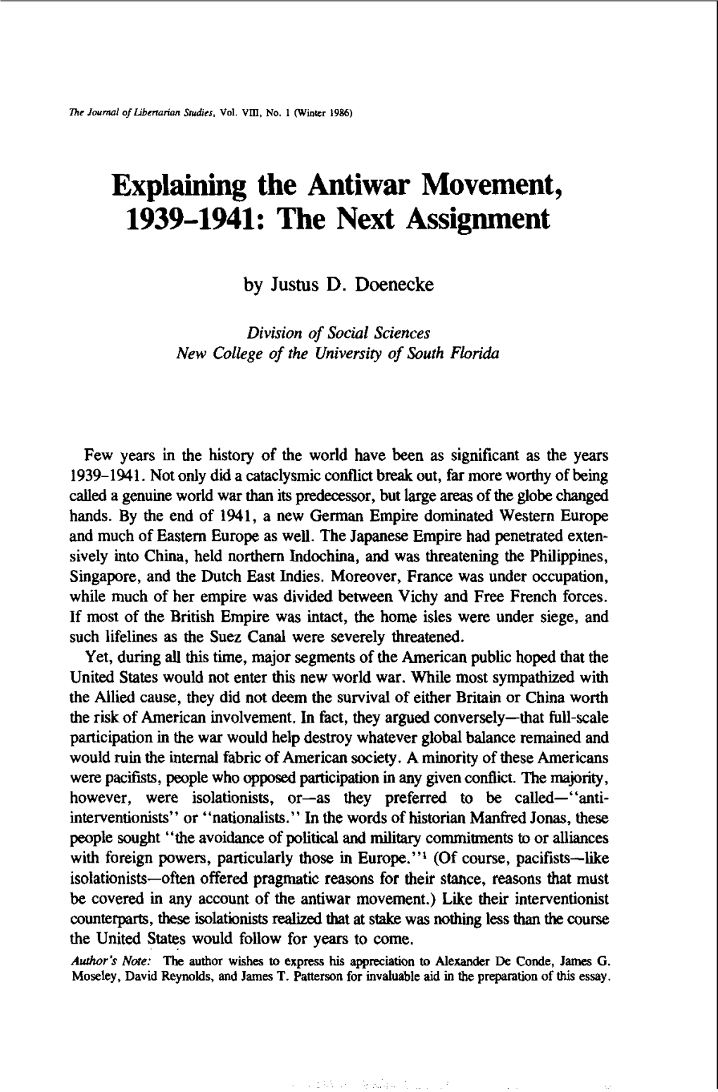 Explaining the Antiwar Movement, 1939-1941: the Next Assignment