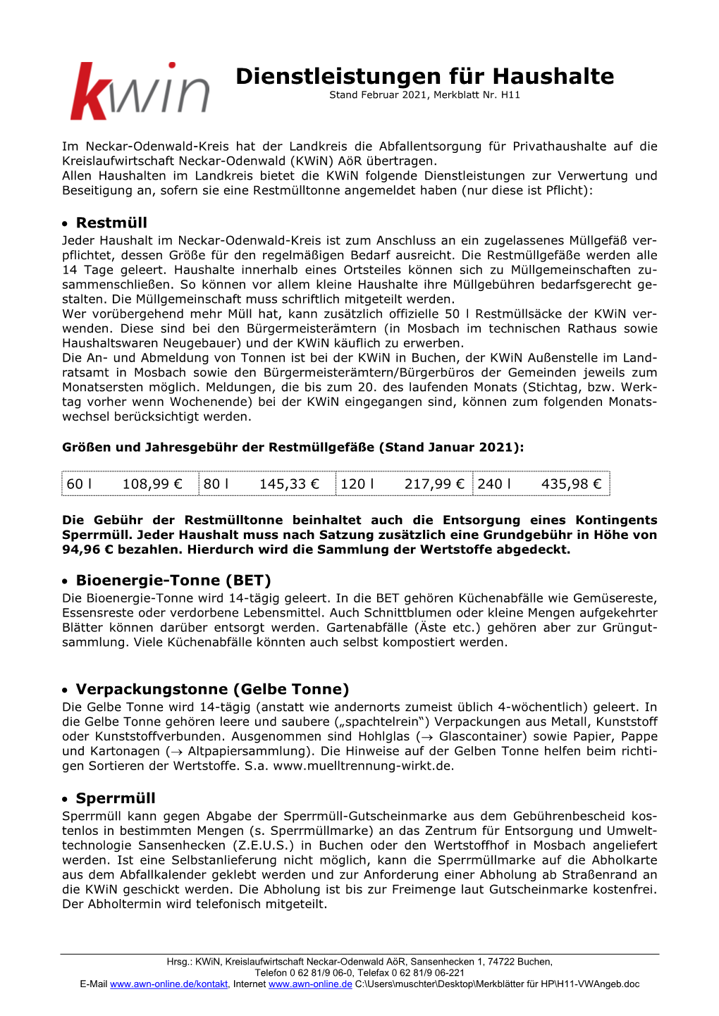 Dienstleistungen Für Haushalte Stand Februar 2021, Merkblatt Nr