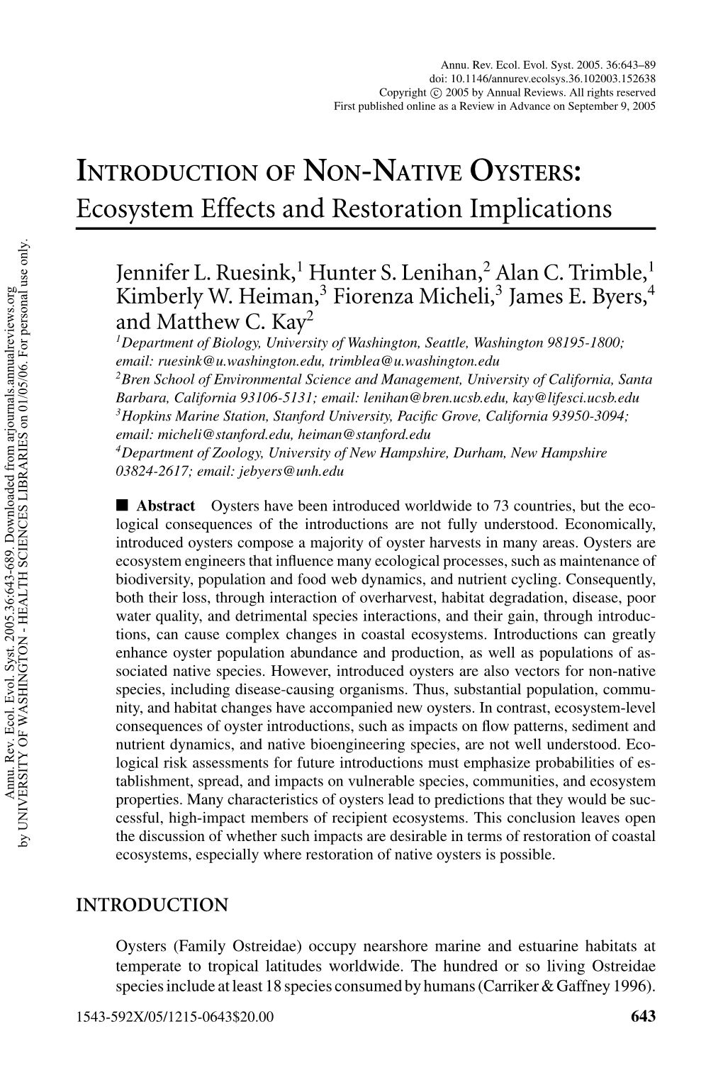 INTRODUCTION of NON-NATIVE OYSTERS: Ecosystem Effects and Restoration Implications