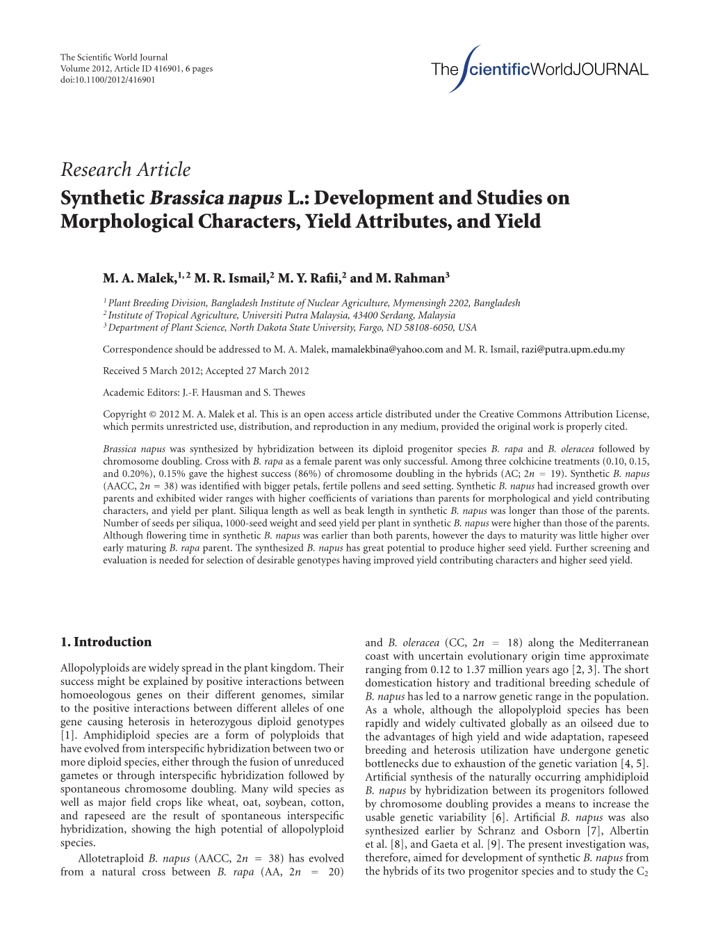 Synthetic Brassica Napus L.: Development and Studies on Morphological Characters, Yield Attributes, and Yield