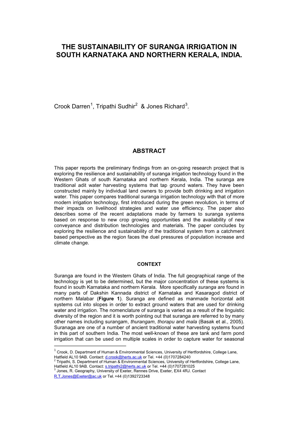 The Sustainability of Suranga Irrigation in South Karnataka and Northern Kerala, India