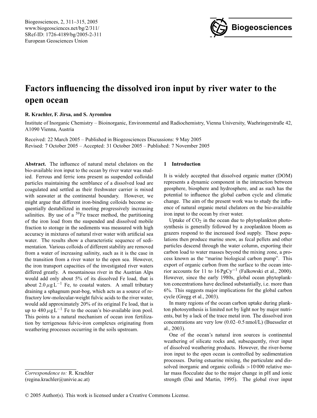 Factors Influencing the Dissolved Iron Input by River Water to the Open Ocean