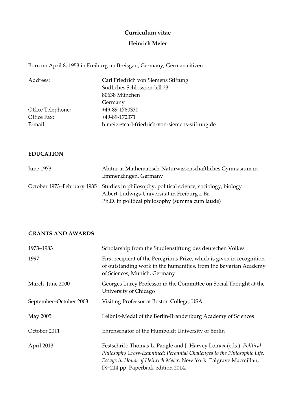 Curriculum Vitae Heinrich Meier