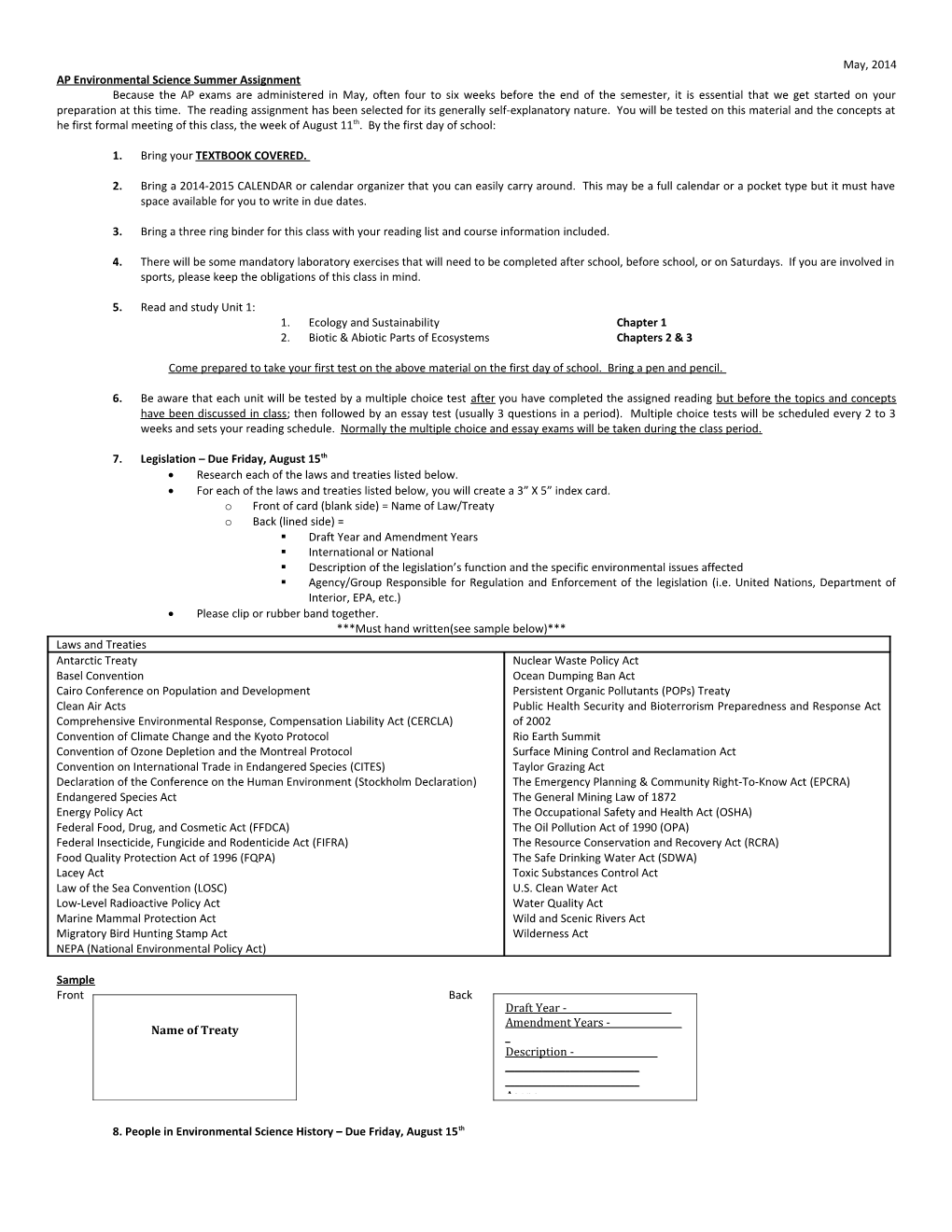 AP Environmental Science Summer Assignment