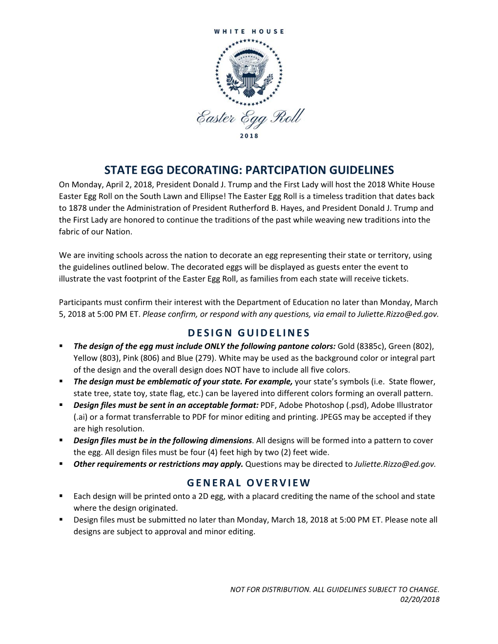 STATE EGG DECORATING: PARTCIPATION GUIDELINES on Monday, April 2, 2018, President Donald J