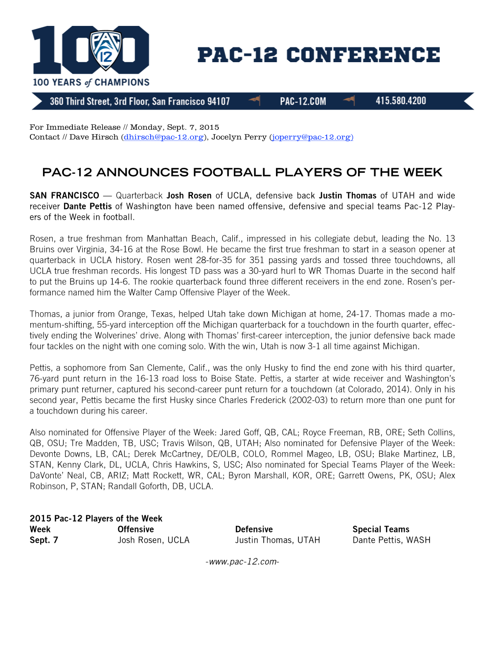 Pac-12 Announces Football Players of the Week