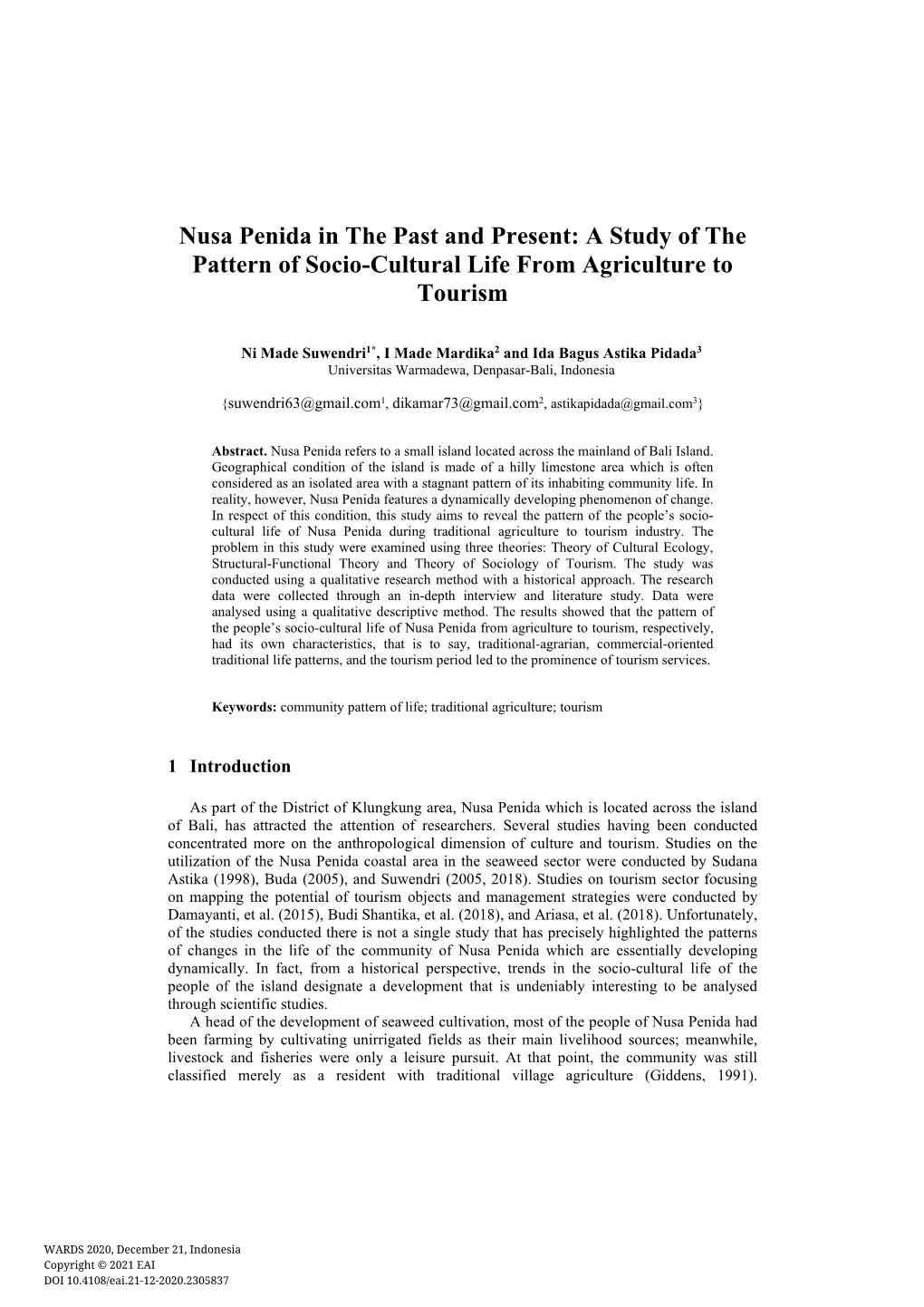 Nusa Penida in the Past and Present: a Study of the Pattern of Socio-Cultural Life from Agriculture to Tourism