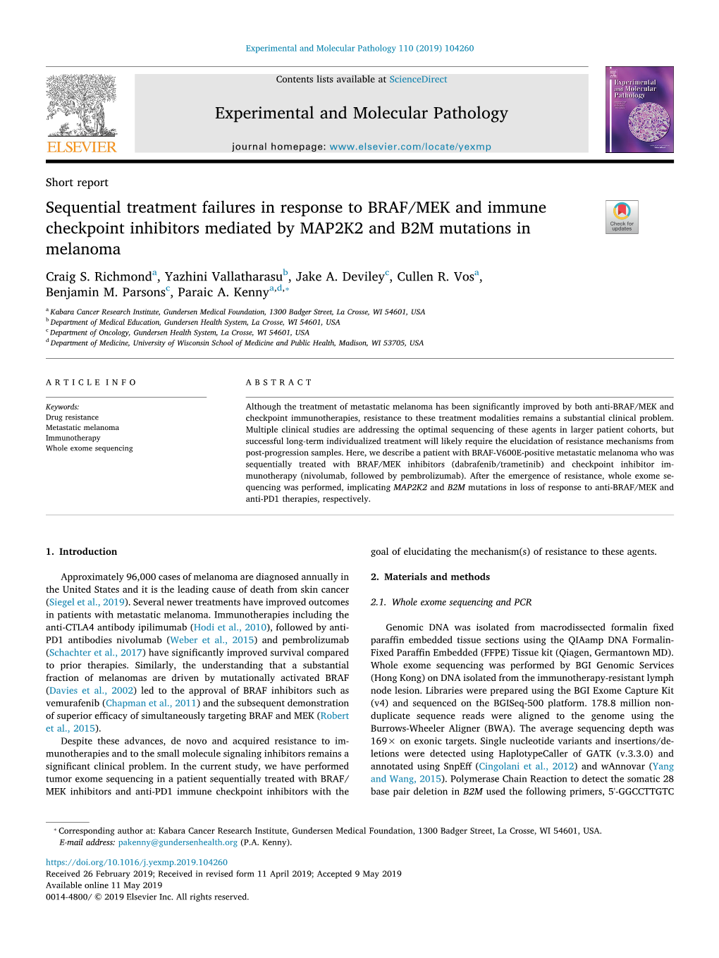 Sequential Treatment Failures in Response to BRAF/MEK and Immune T Checkpoint Inhibitors Mediated by MAP2K2 and B2M Mutations in Melanoma Craig S