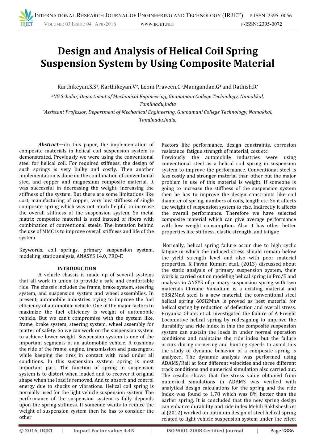 Design and Analysis of Helical Coil Spring Suspension System by Using Composite Material