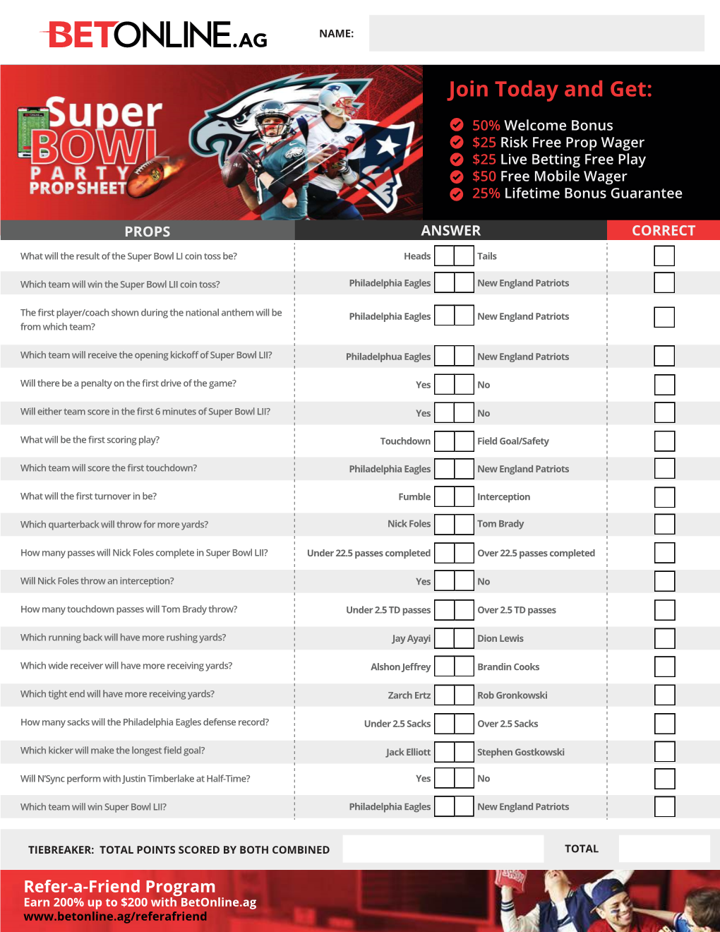 Betonline.Ag Super Bowl 52 Betting Sheet