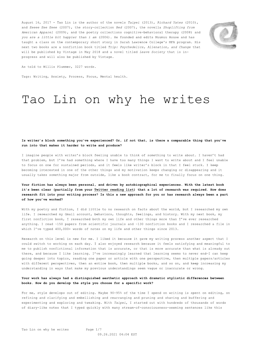 Tao Lin on Why He Writes