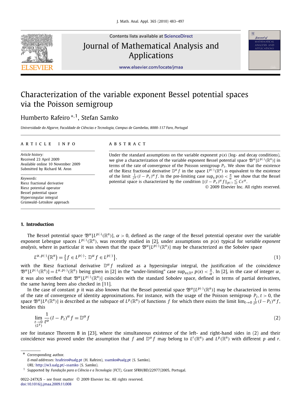 Characterization of the Variable Exponent Bessel Potential Spaces Via the Poisson Semigroup ∗ Humberto Rafeiro ,1,Stefansamko