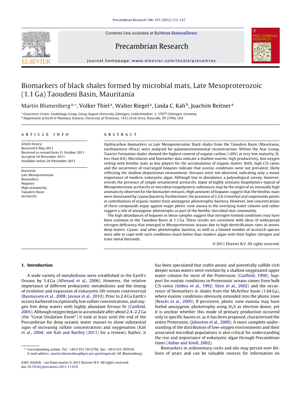 Biomarkers of Black Shales Formed by Microbial Mats, Late Mesoproterozoic