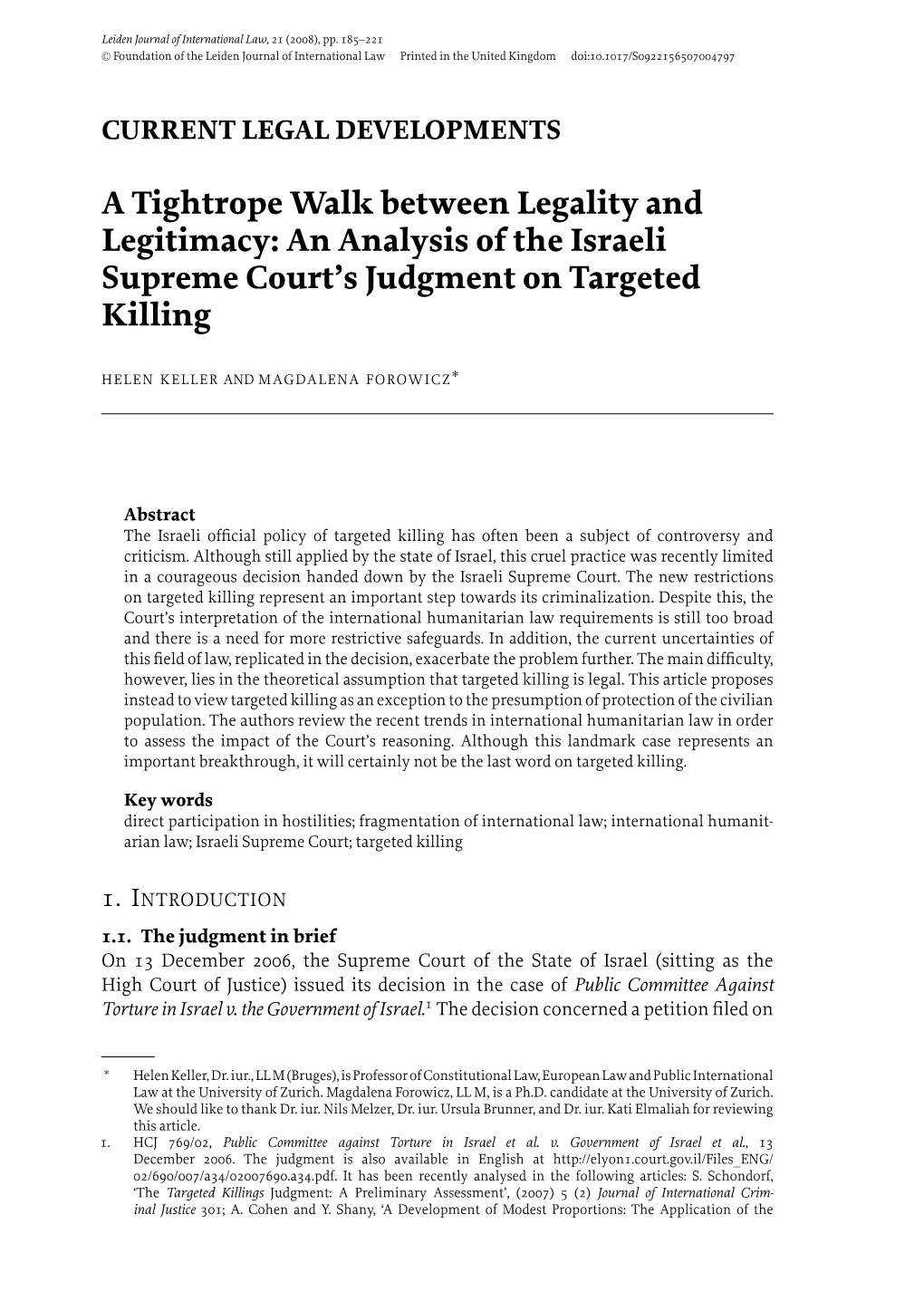 An Analysis of the Israeli Supreme Court's Judgment on Targeted Killing