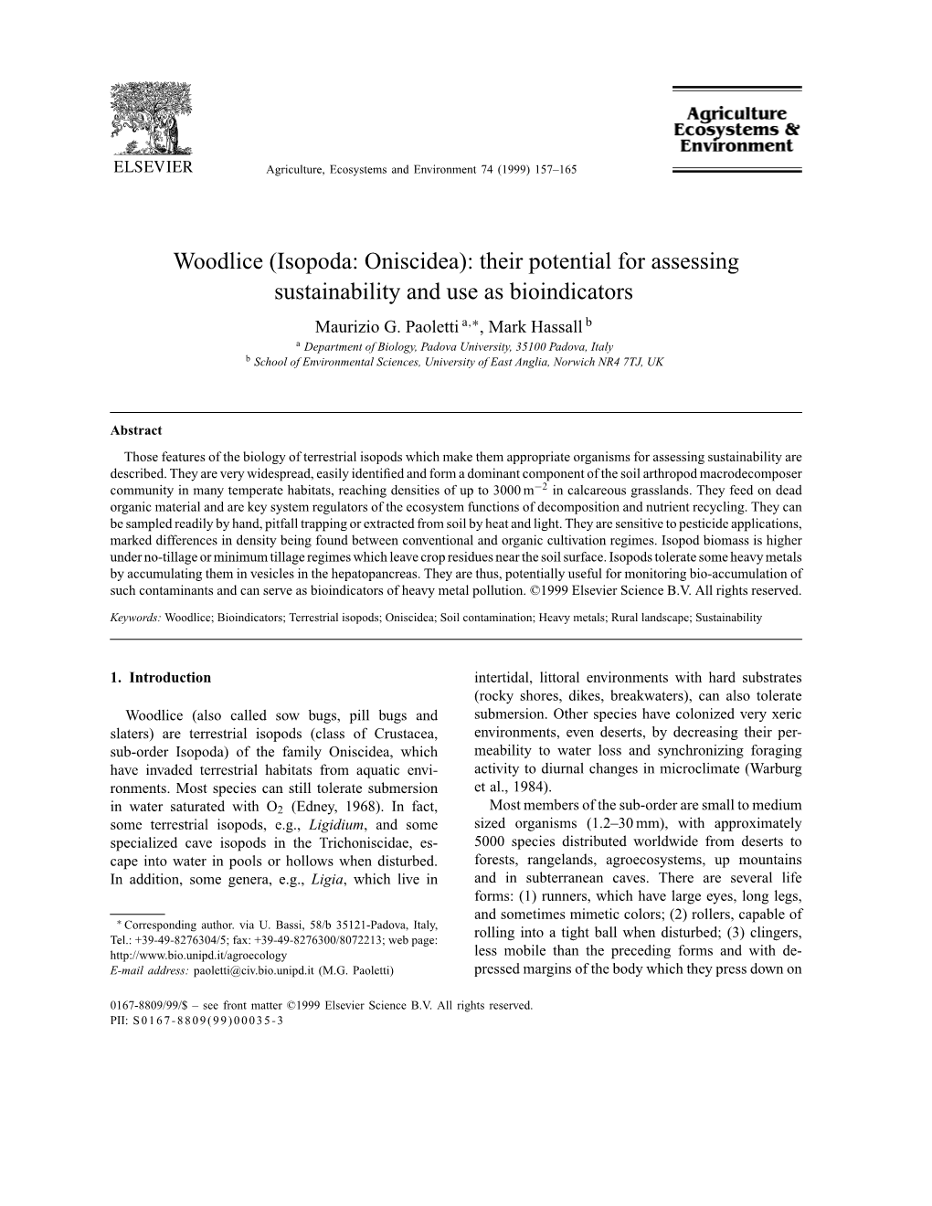 Woodlice (Isopoda: Oniscidea): Their Potential for Assessing Sustainability and Use As Bioindicators Maurizio G