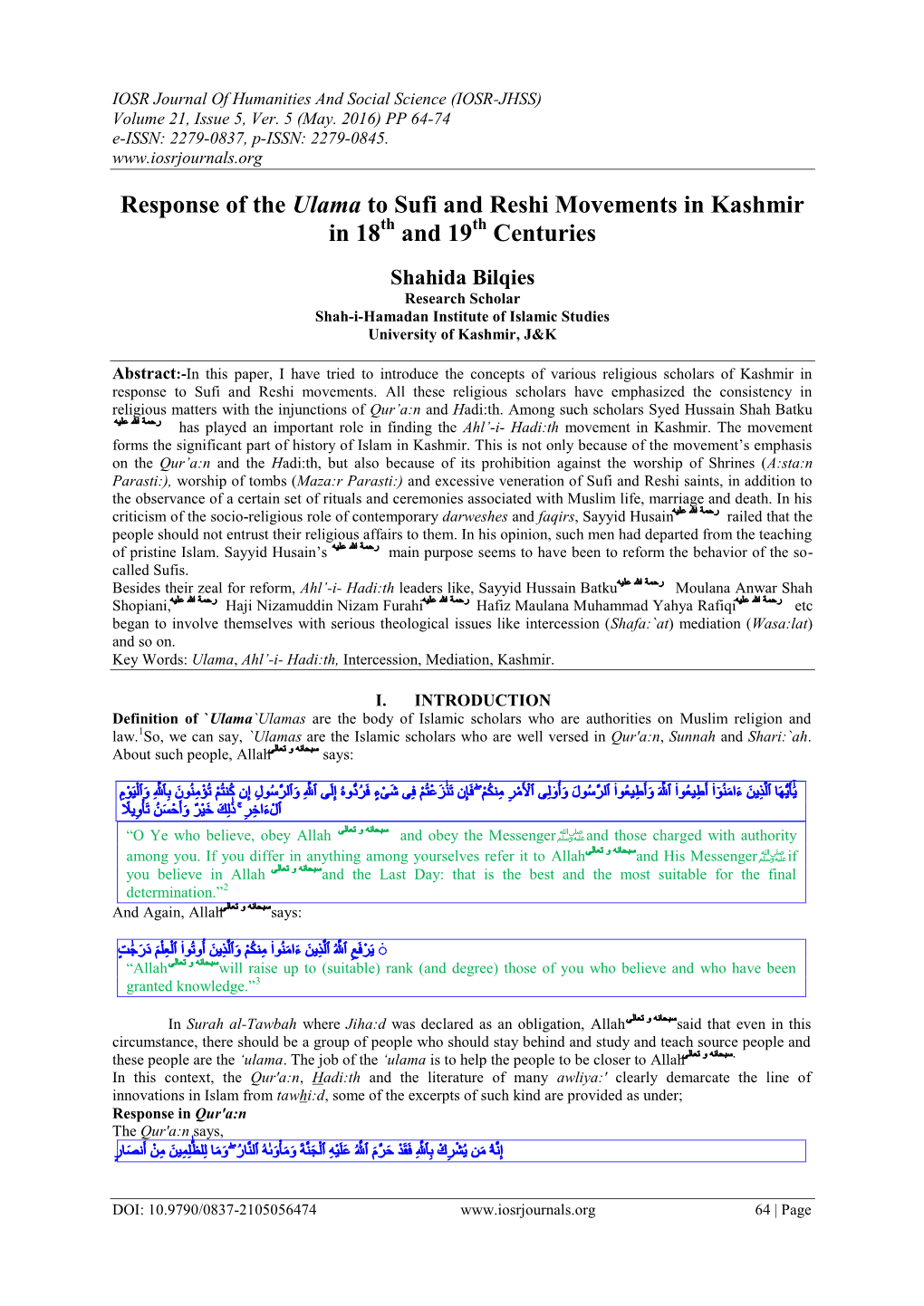 Response of the Ulama to Sufi and Reshi Movements in Kashmir in 18 and 19 Centuries