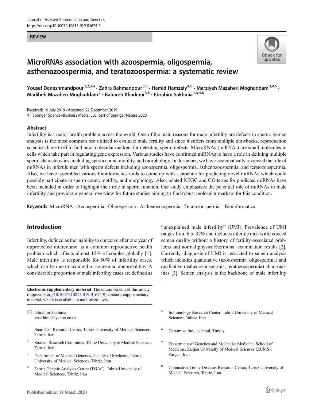 Micrornas Association with Azoospermia, Oligospermia, Asthenozoospermia, and Teratozoospermia: a Systematic Review