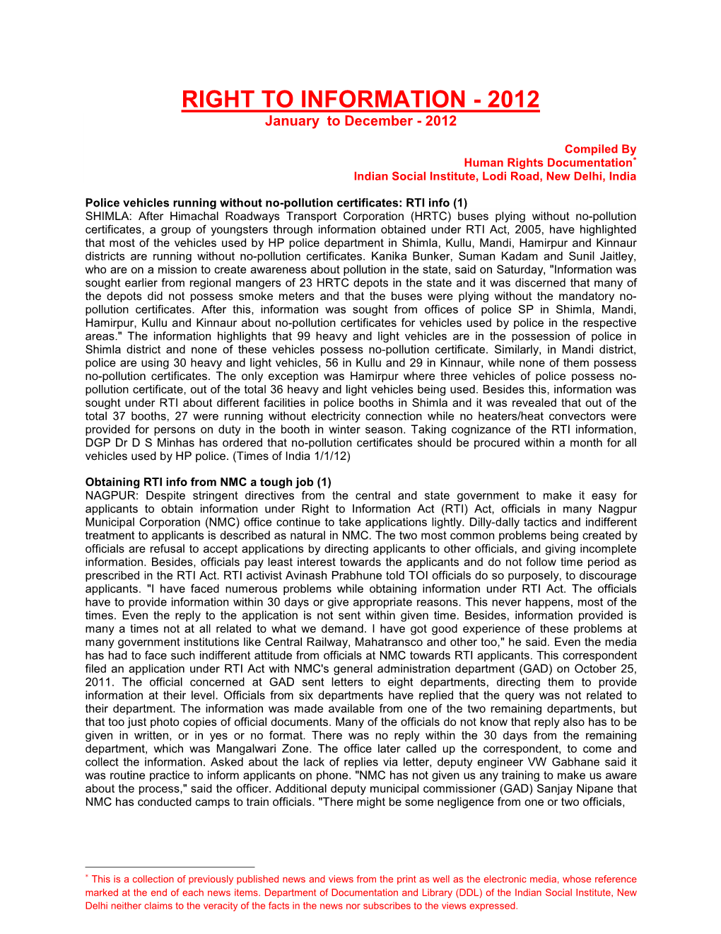 RIGHT to INFORMATION - 2012 January to December - 2012