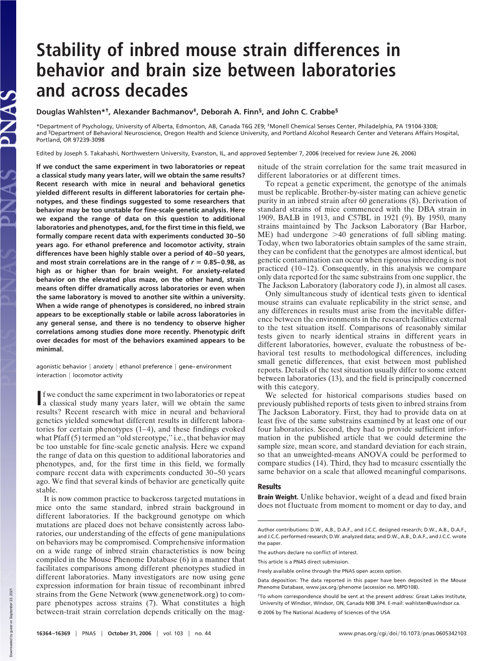 Stability of Inbred Mouse Strain Differences in Behavior and Brain Size Between Laboratories and Across Decades