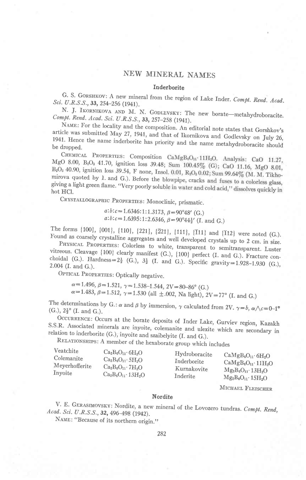 }[EW MINERAL NAMES Inderborite G' S' Gonsuxou'a "."Y^-Rl"Ral from the Region of Lake Rnder