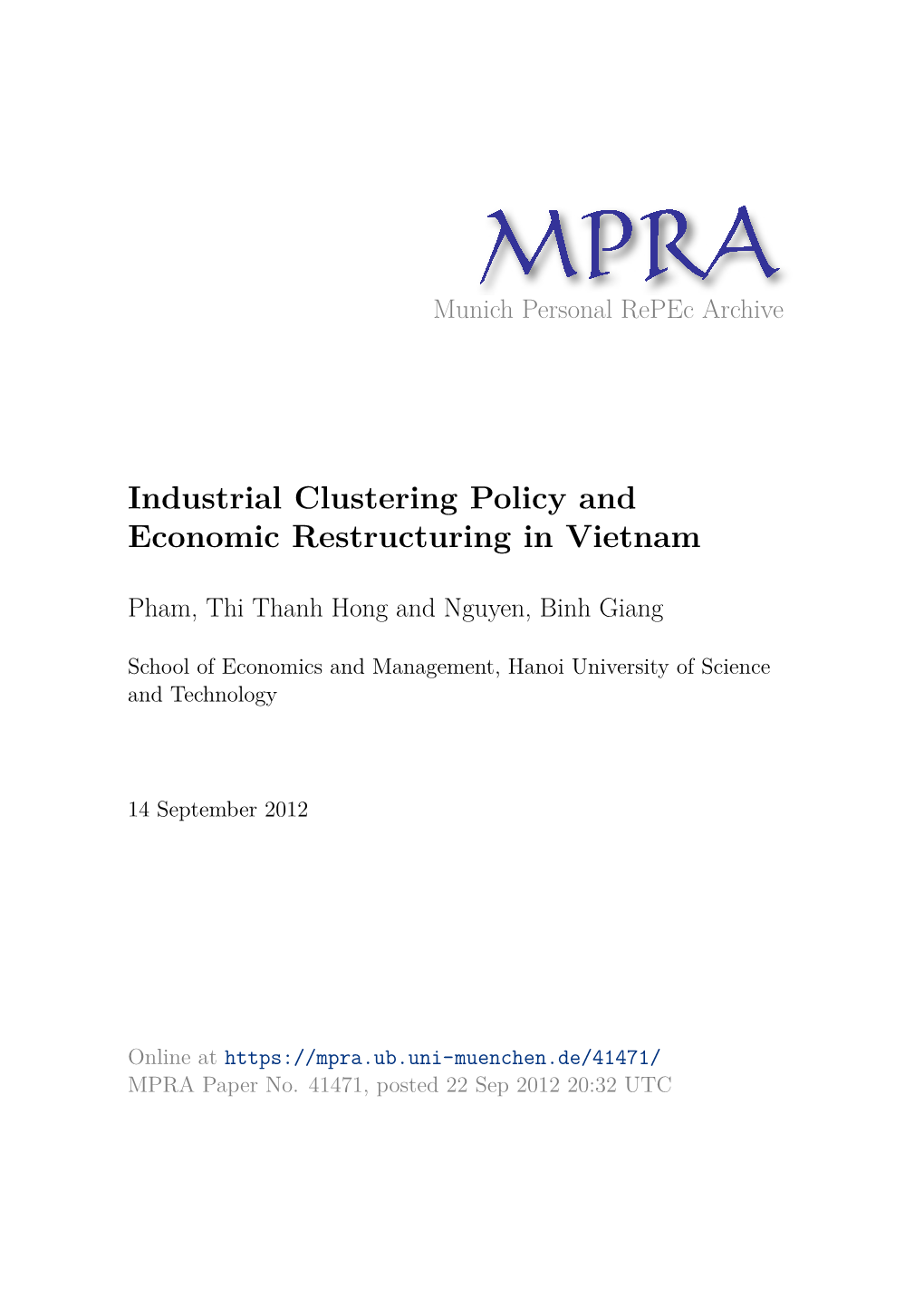 Industrial Clustering Policy and Economic Restructuring in Vietnam