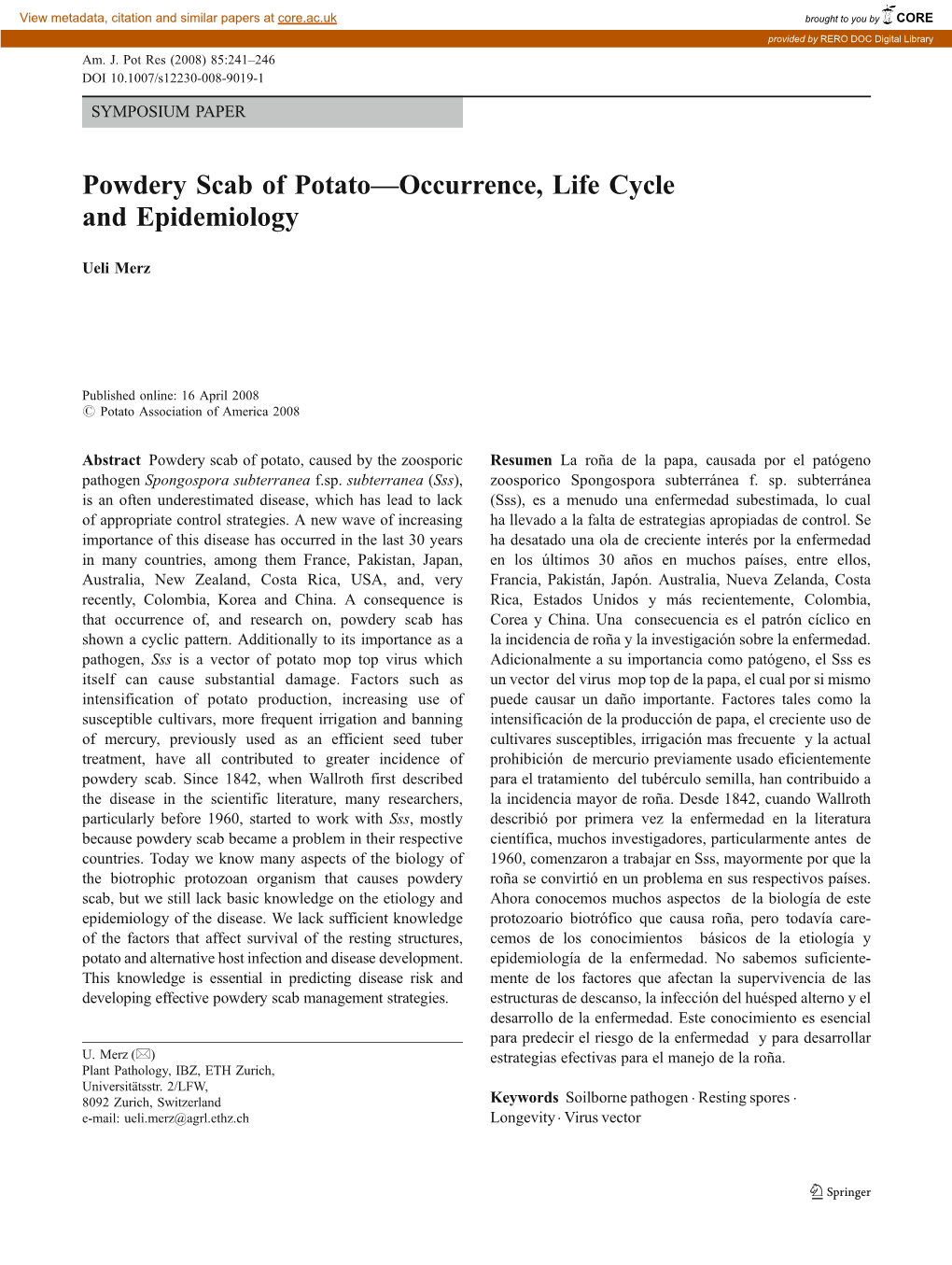 Powdery Scab of Potato—Occurrence, Life Cycle and Epidemiology