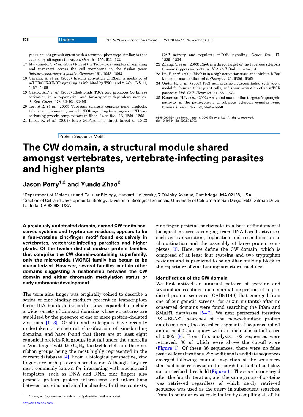 The CW Domain, a Structural Module Shared Amongst Vertebrates, Vertebrate-Infecting Parasites and Higher Plants