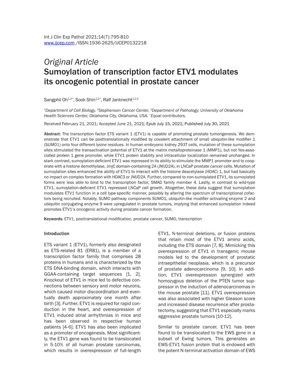 Original Article Sumoylation of Transcription Factor ETV1 Modulates Its Oncogenic Potential in Prostate Cancer