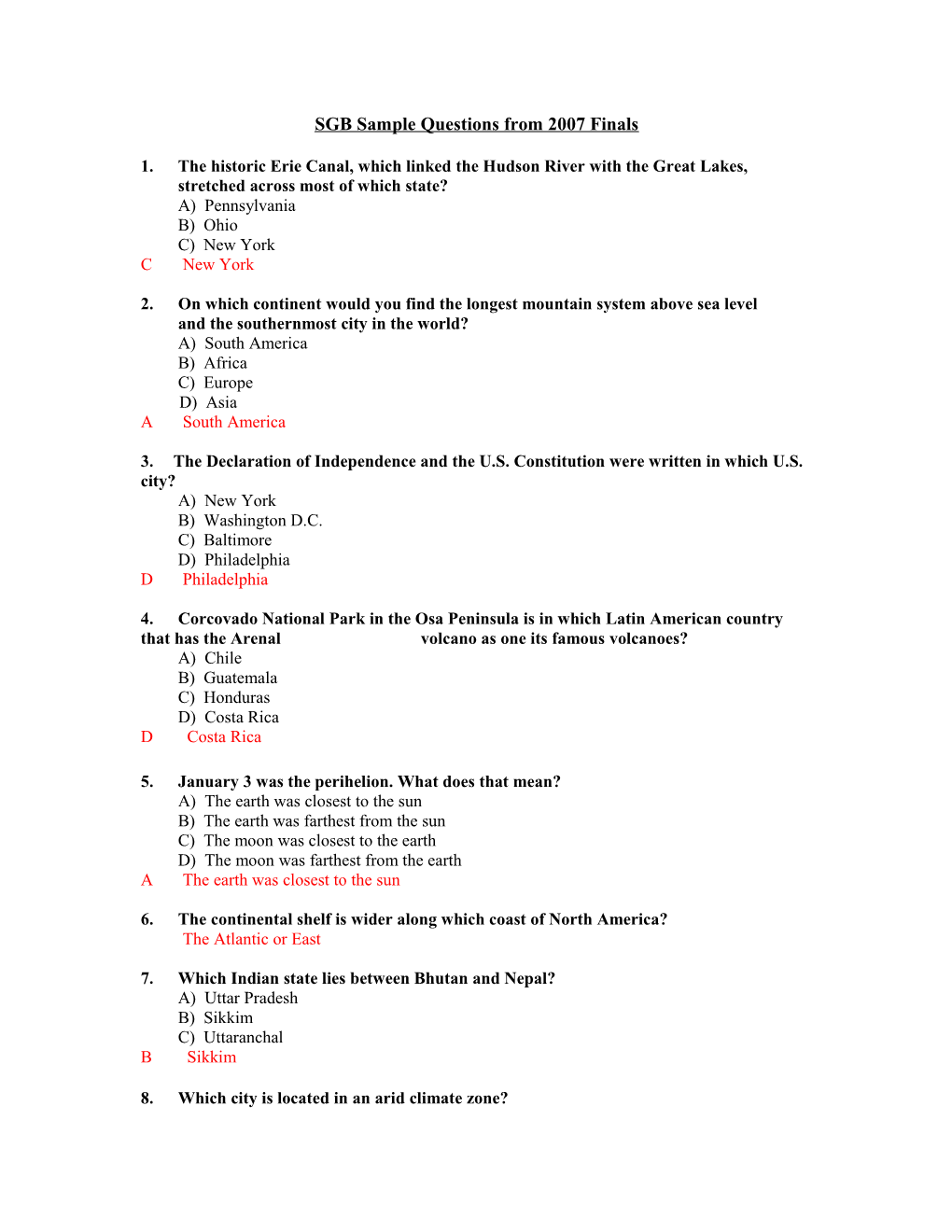 SGB Sample Questions from 2007 Finals