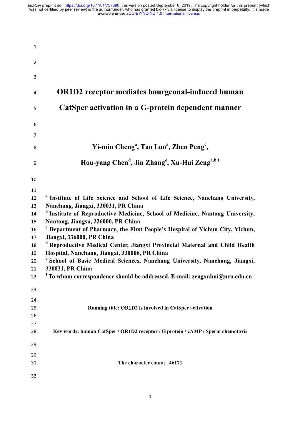 OR1D2 Receptor Mediates Bourgeonal-Induced Human Catsper Activation in a G-Protein Dependent Manner