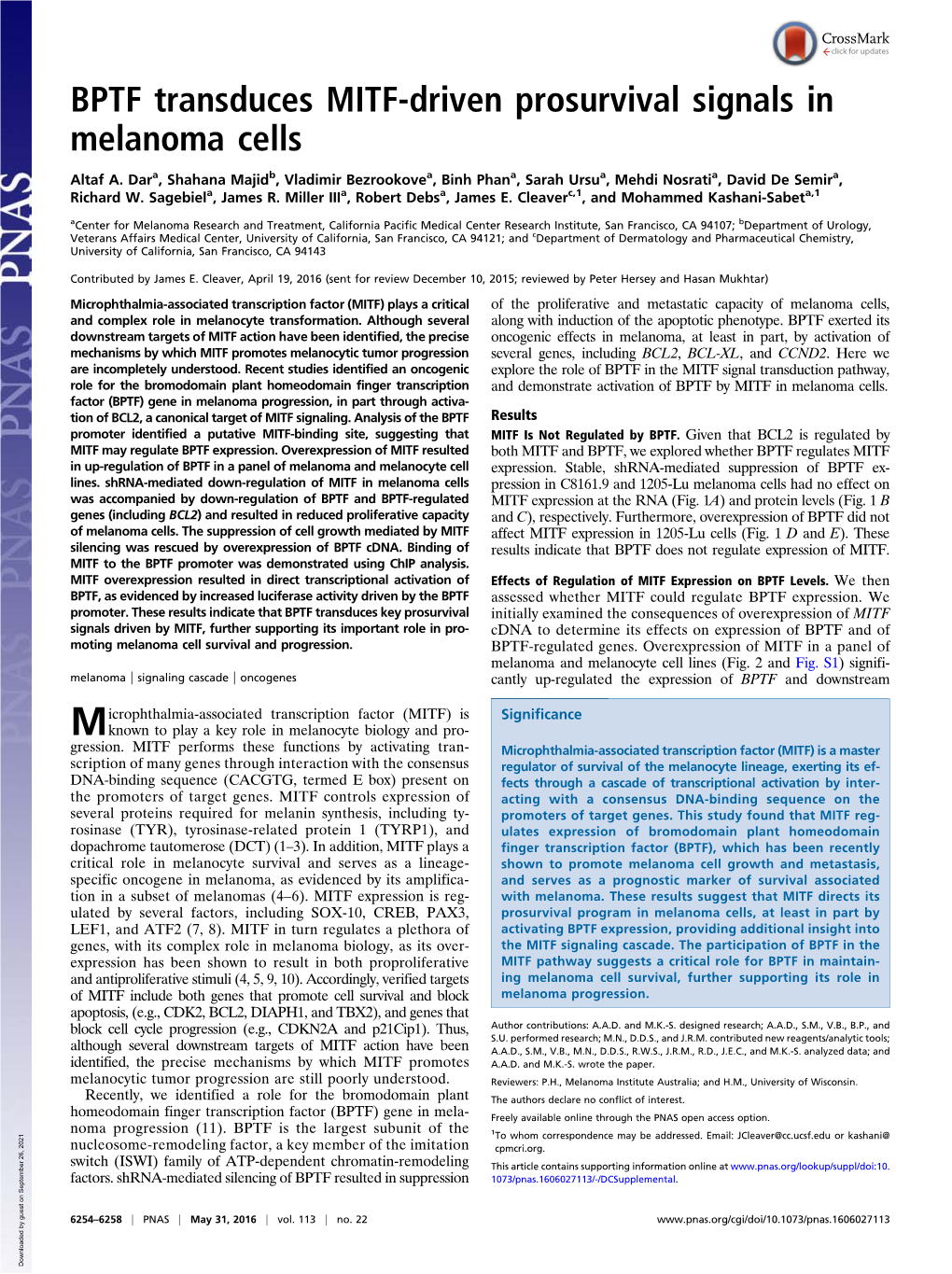 BPTF Transduces MITF-Driven Prosurvival Signals in Melanoma Cells