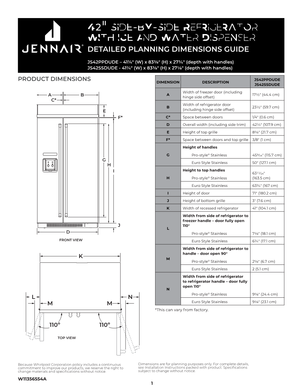 42" Side-By-Side Refrigerator with Ice and Water Dispenser Detailed Planning Dimensions Guide