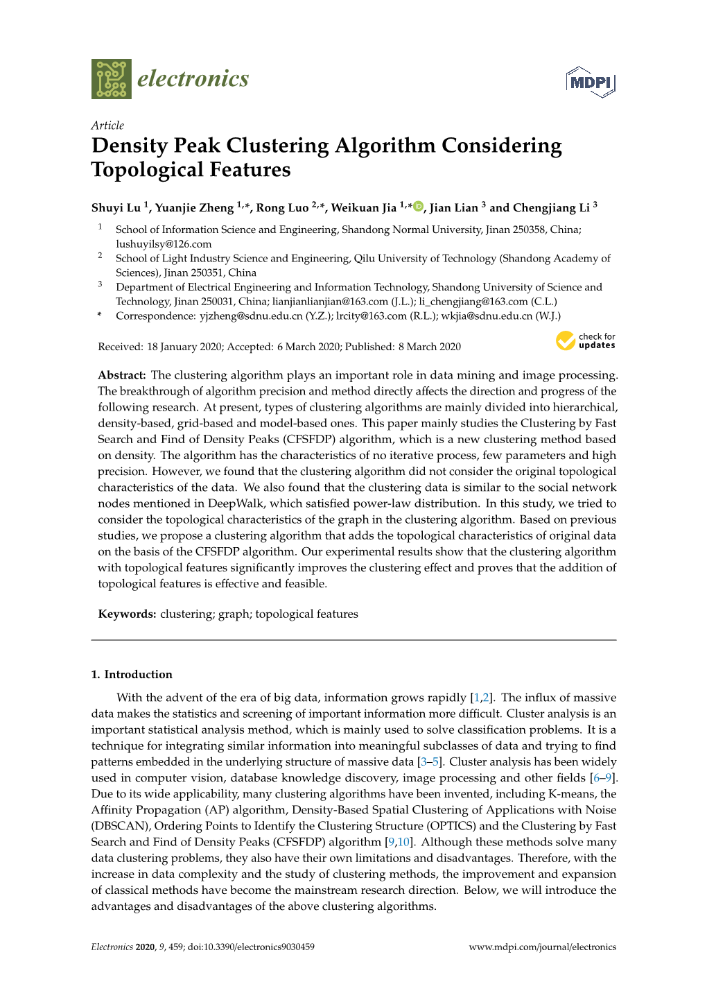 Density Peak Clustering Algorithm Considering Topological Features