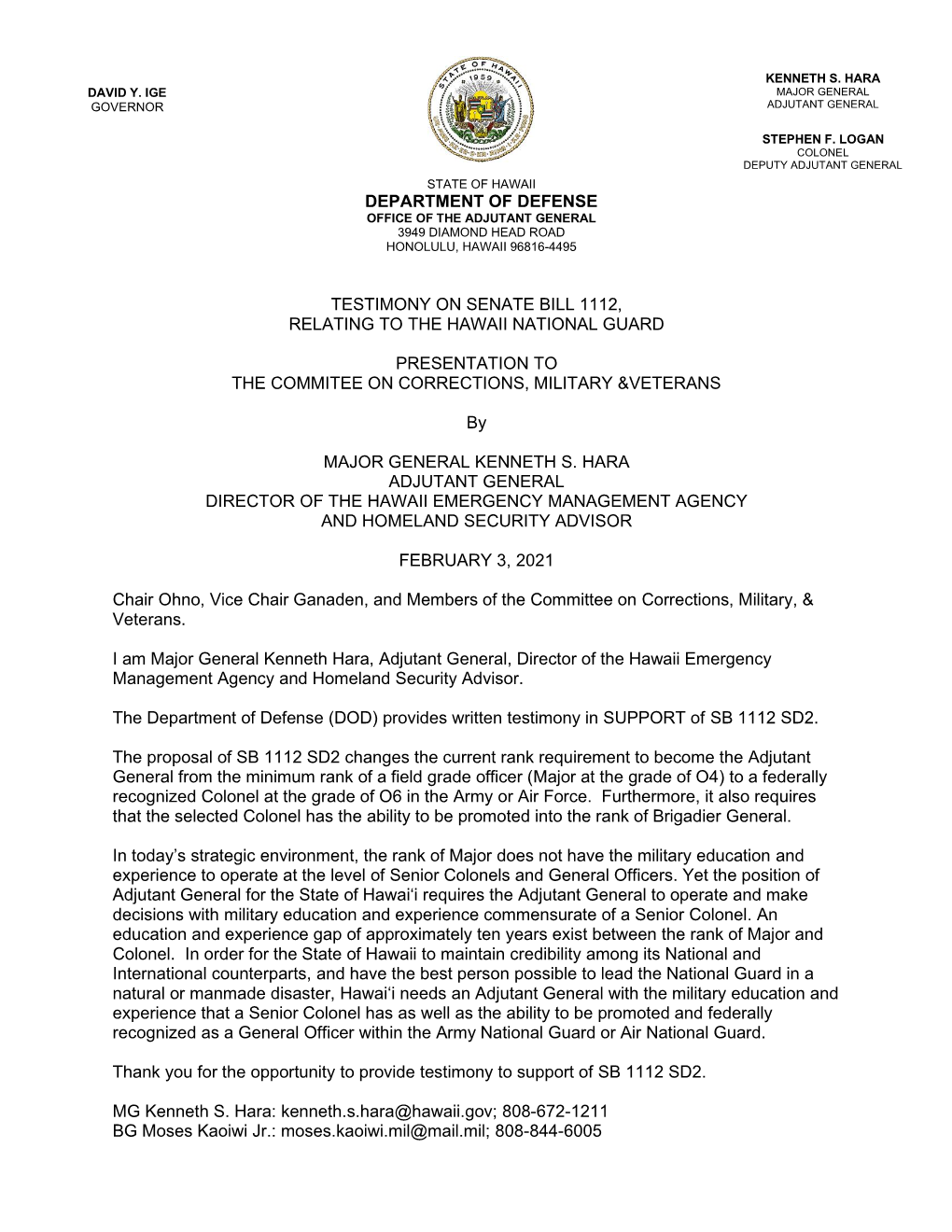 Department of Defense Testimony on Senate Bill