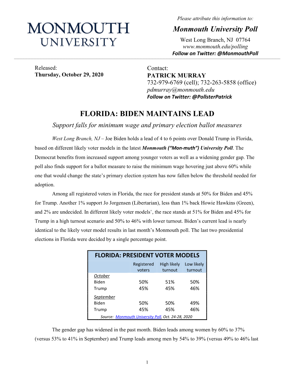 Monmouth University Poll FLORIDA: BIDEN MAINTAINS LEAD