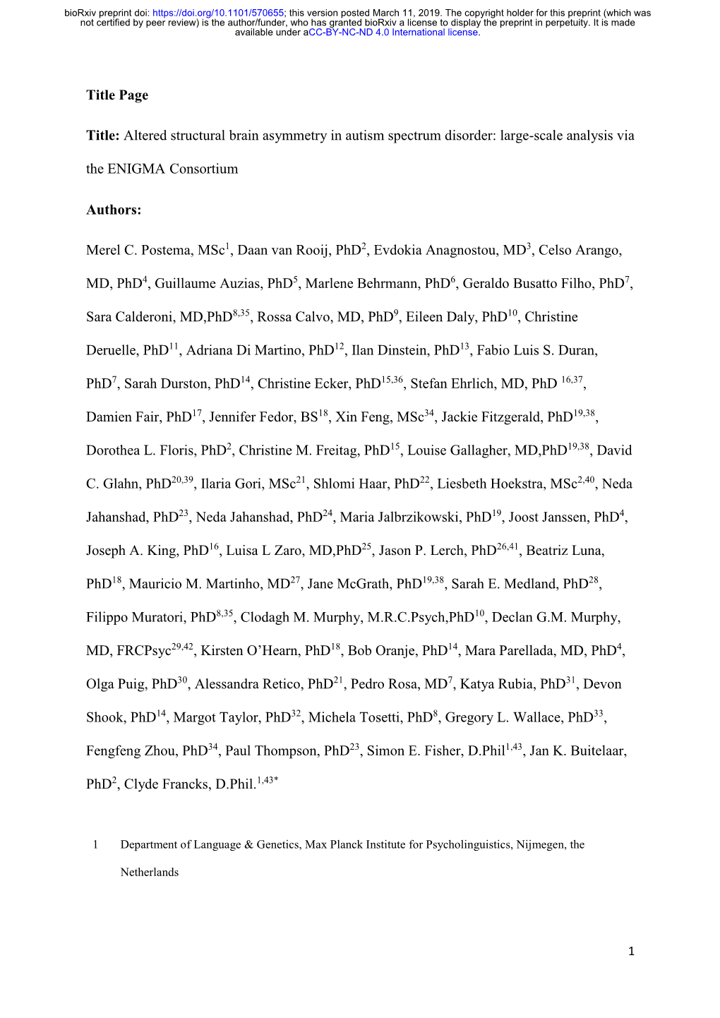 Altered Structural Brain Asymmetry in Autism Spectrum Disorder: Large-Scale Analysis Via