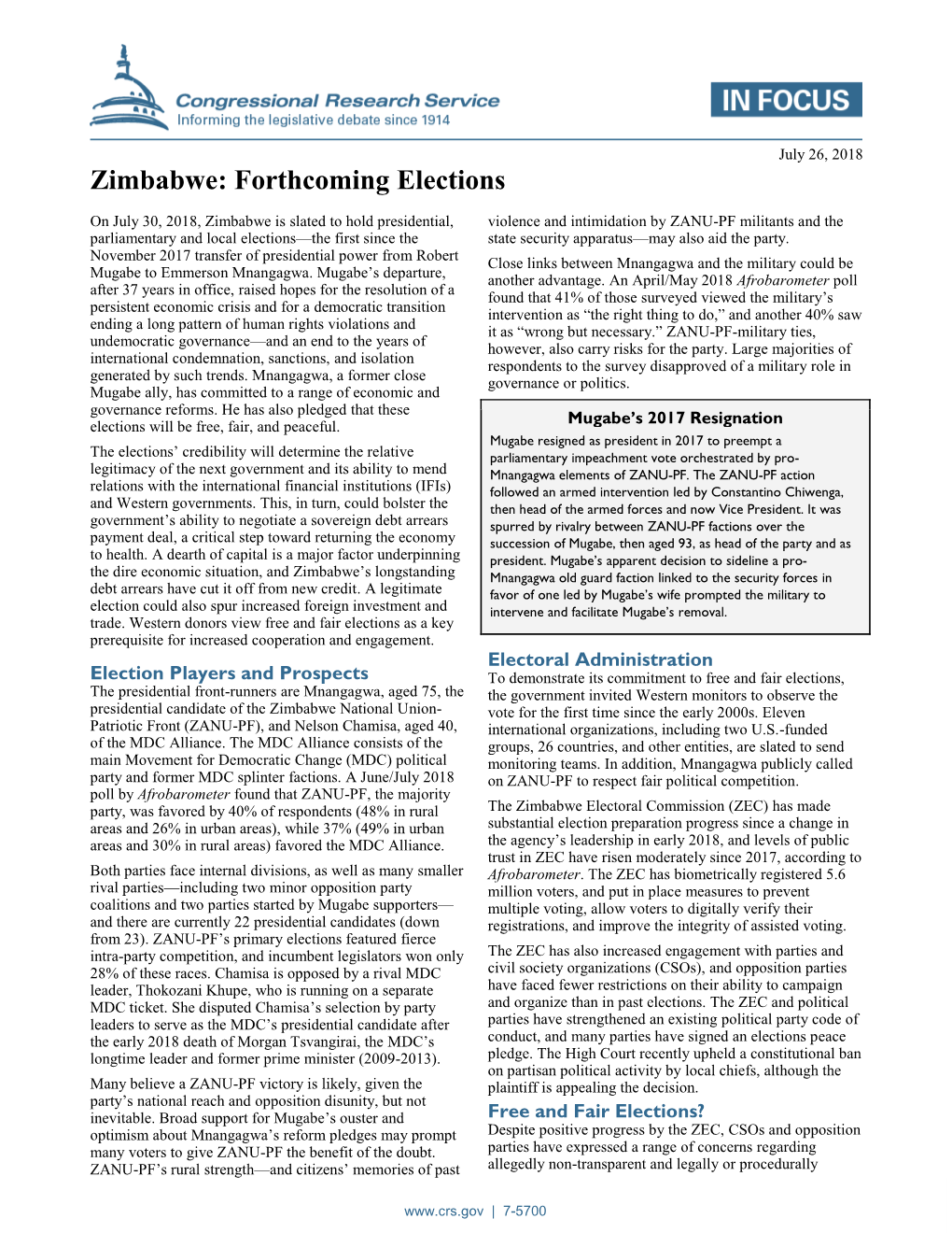 Zimbabwe: Forthcoming Elections