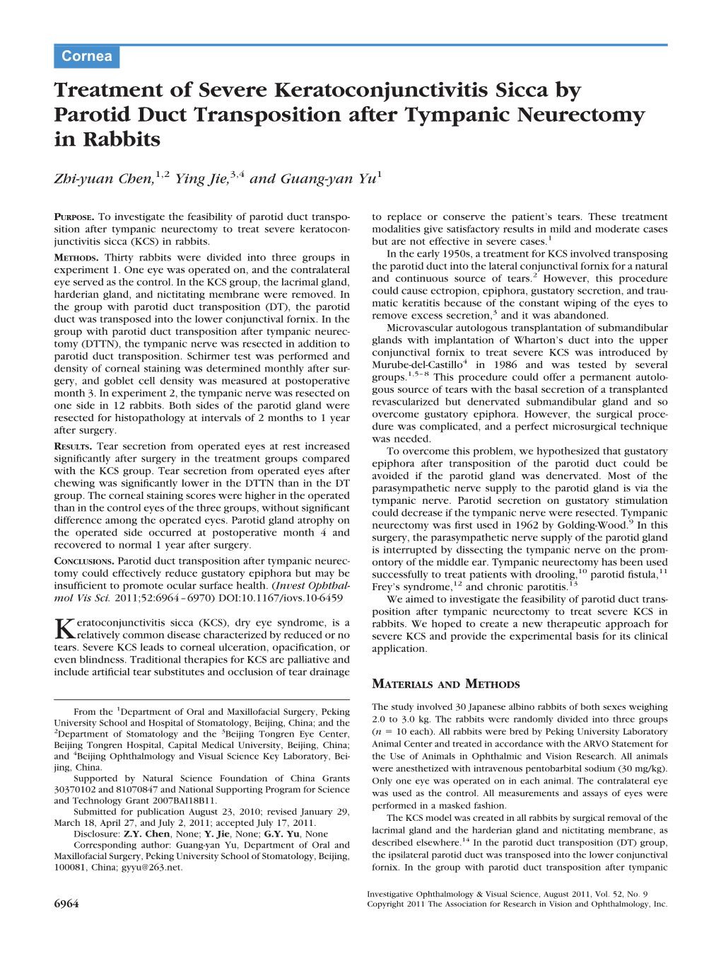 Treatment of Severe Keratoconjunctivitis Sicca by Parotid Duct Transposition After Tympanic Neurectomy in Rabbits