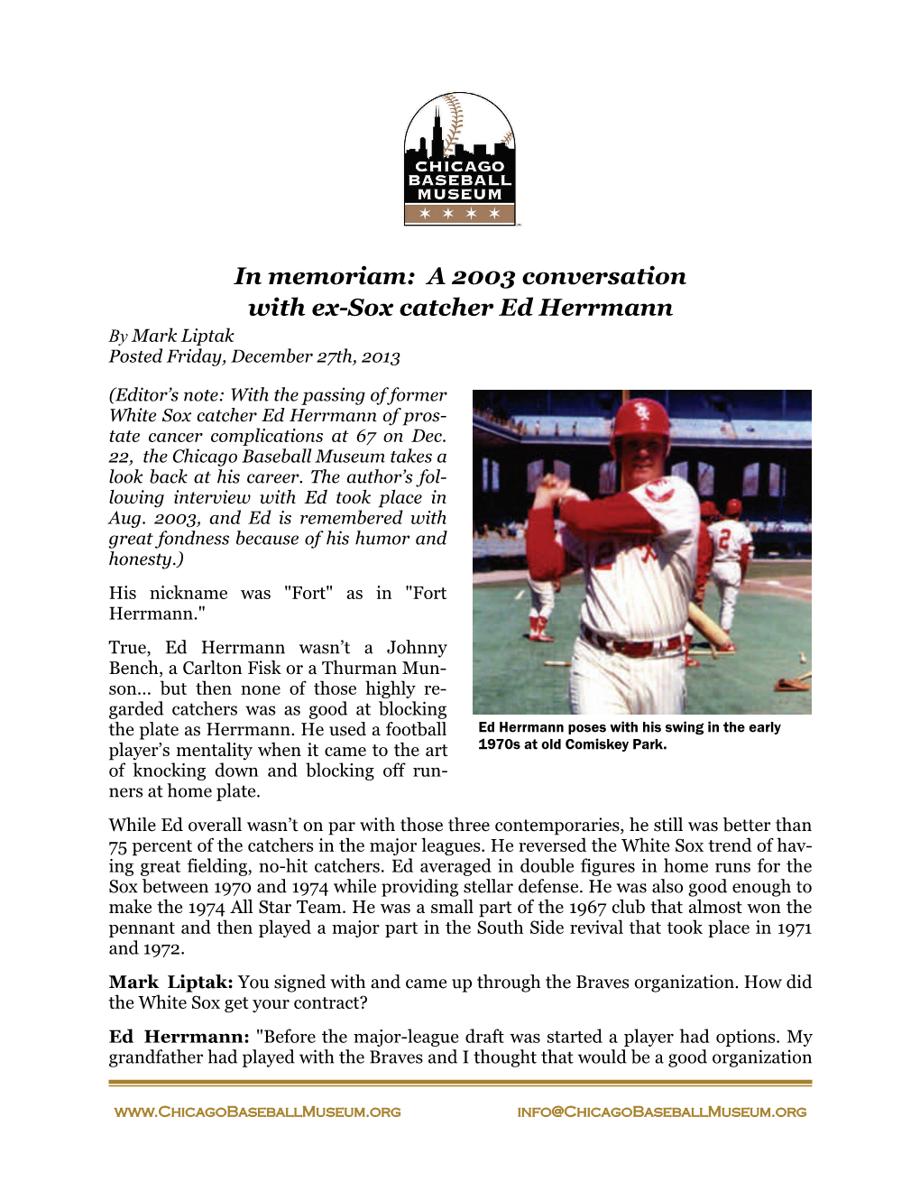 In Memoriam: a 2003 Conversation with Ex-Sox Catcher Ed Herrmann by Mark Liptak Posted Friday, December 27Th, 2013