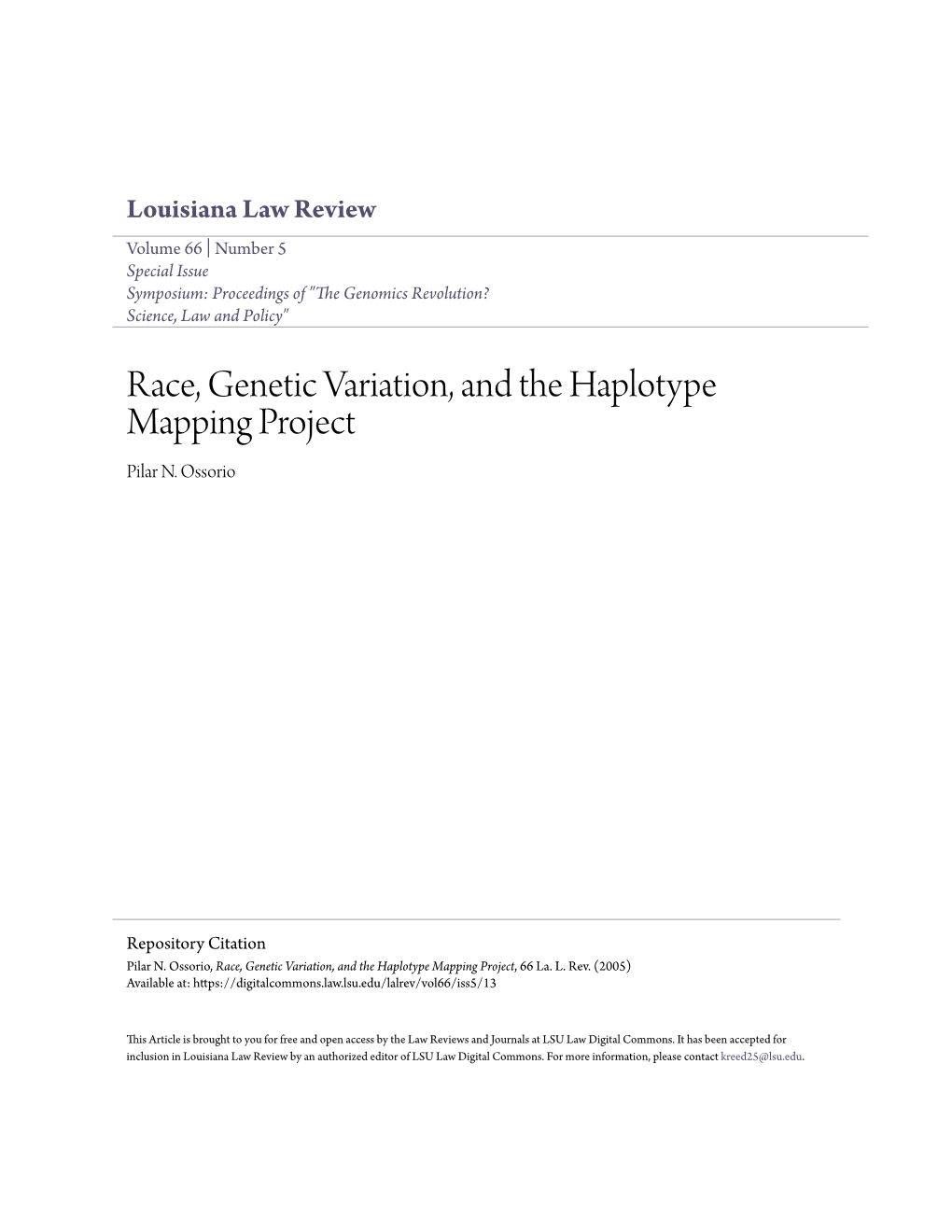 Race, Genetic Variation, and the Haplotype Mapping Project Pilar N