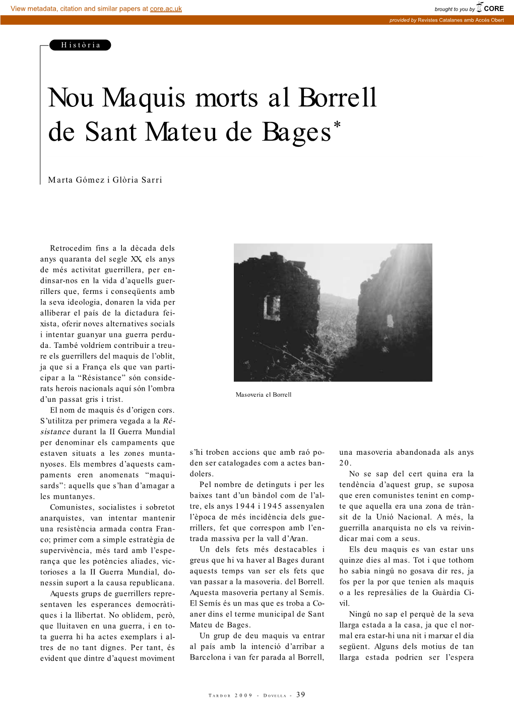 Nou Maquis Morts Al Borrell De Sant Mateu De Bages*