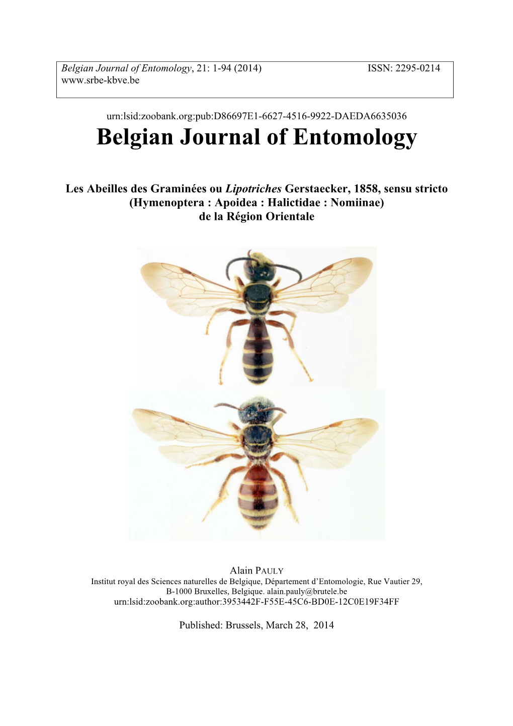 Belgian Journal of Entomology, 21: 1-94 (2014) ISSN: 2295-0214