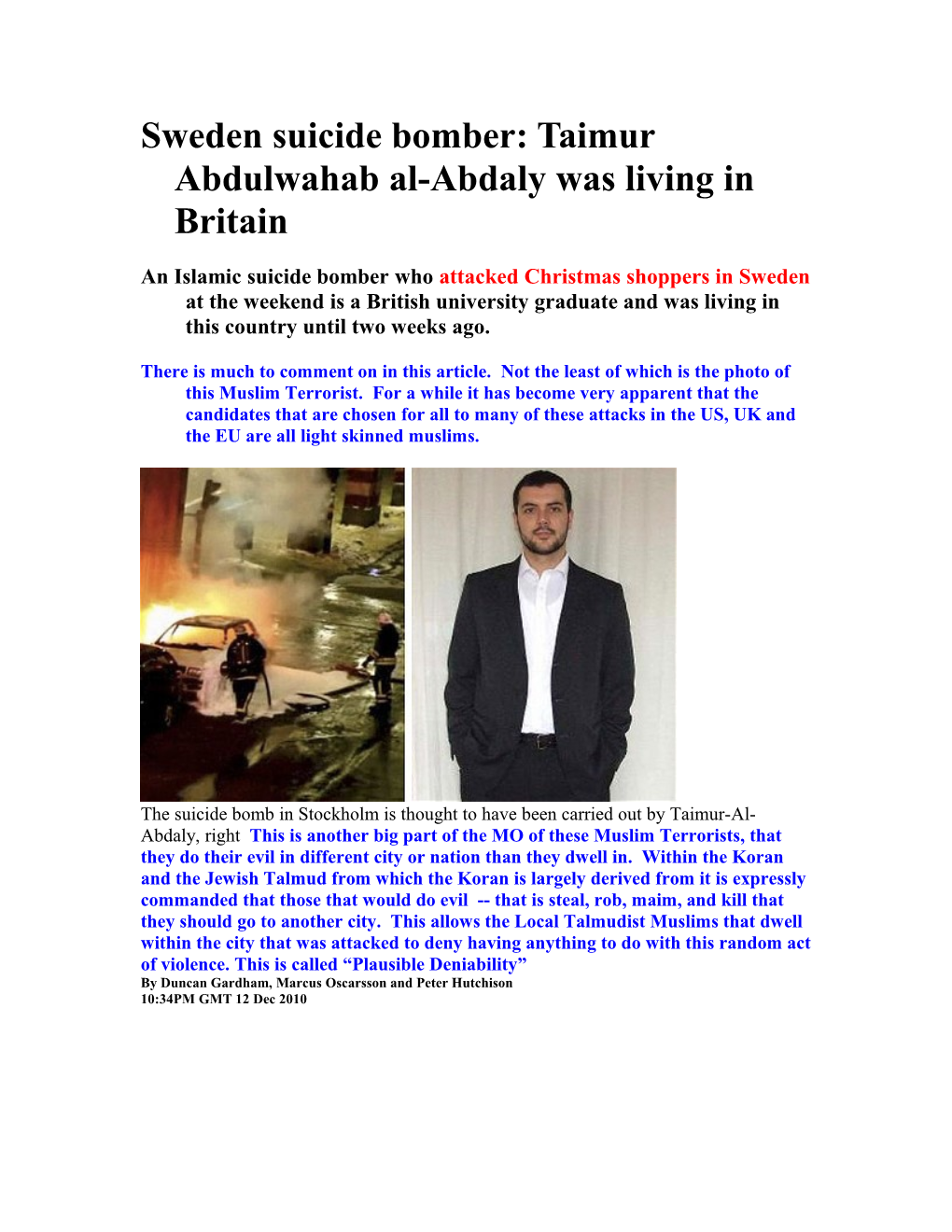 Sweden Suicide Bomber: Taimur Abdulwahab Al-Abdaly Was Living in Britain